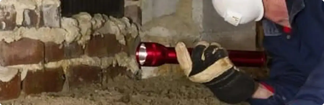 Pest control technician inspecting a crawl space for ant activity in Edwardsburg, MI