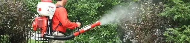 Mosquito control technician fogging shrubs and landscaping for mosquito treatment in South Bend, IN